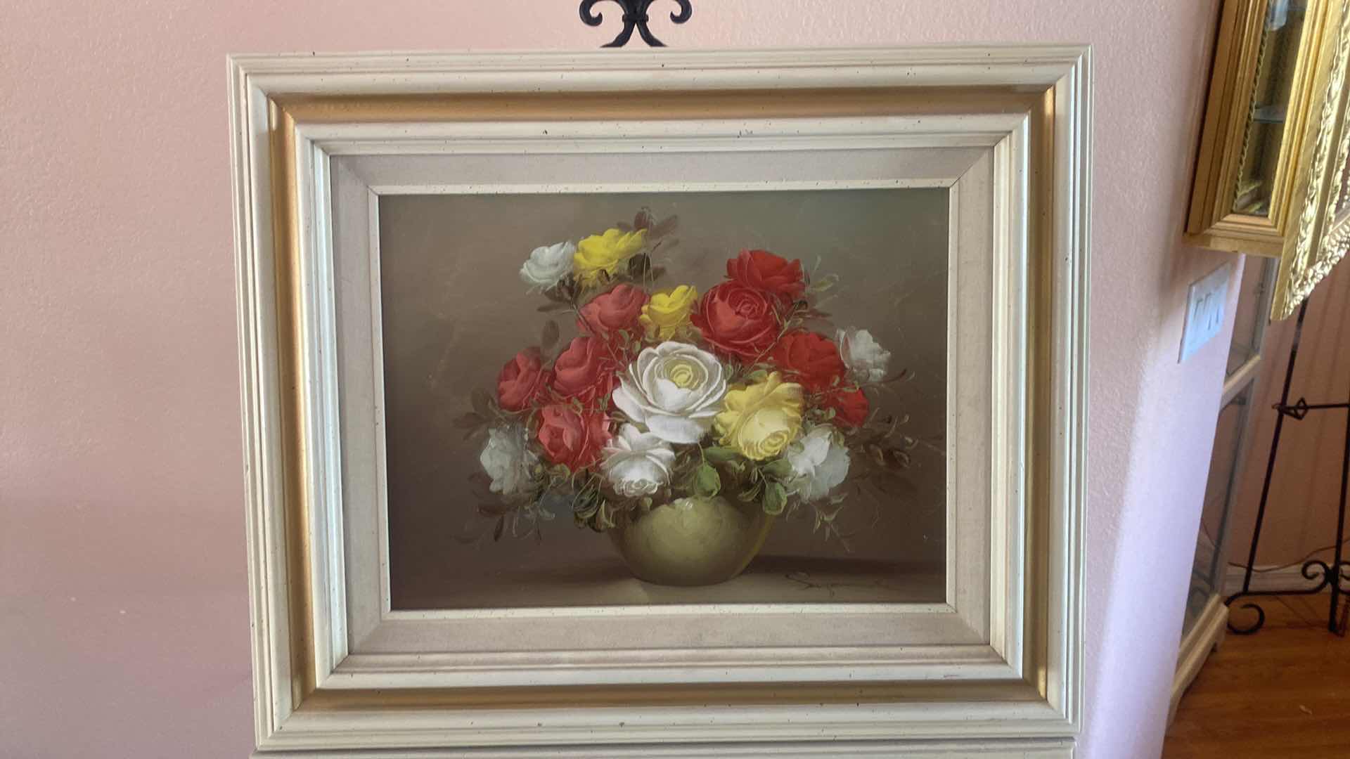 Photo 1 of PAIR OF WOOD FRAMED FLORAL ON CANVAS SIGNED ARTWORK 23” x 19”