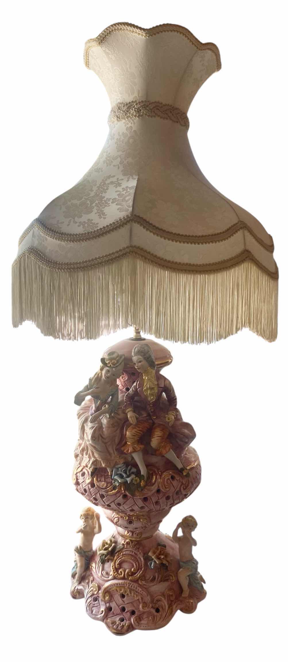 Photo 1 of CAPODIMONTE TABLE LAMP WITH FABRIC SHADE W FRINGE H46”
