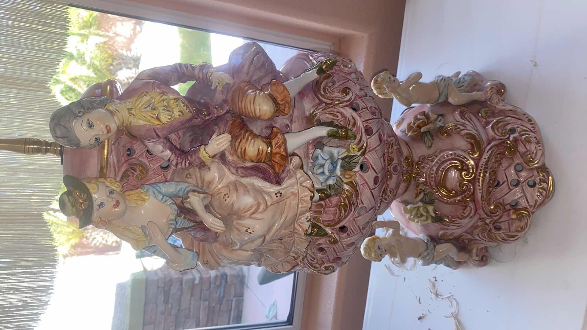 Photo 1 of CAPODIMONTE TABLE LAMP WITH FABRIC SHADE W FRINGE H46”