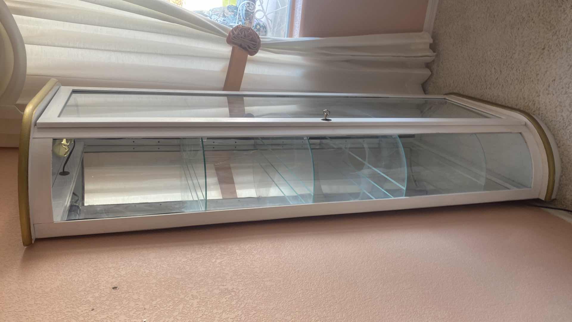 Photo 1 of WHITE & GOLD 4 GLASS SHELVES CURIO CABINET WITH CURVED GLASS ON SIDES 32 1/2” x 12” H 71”