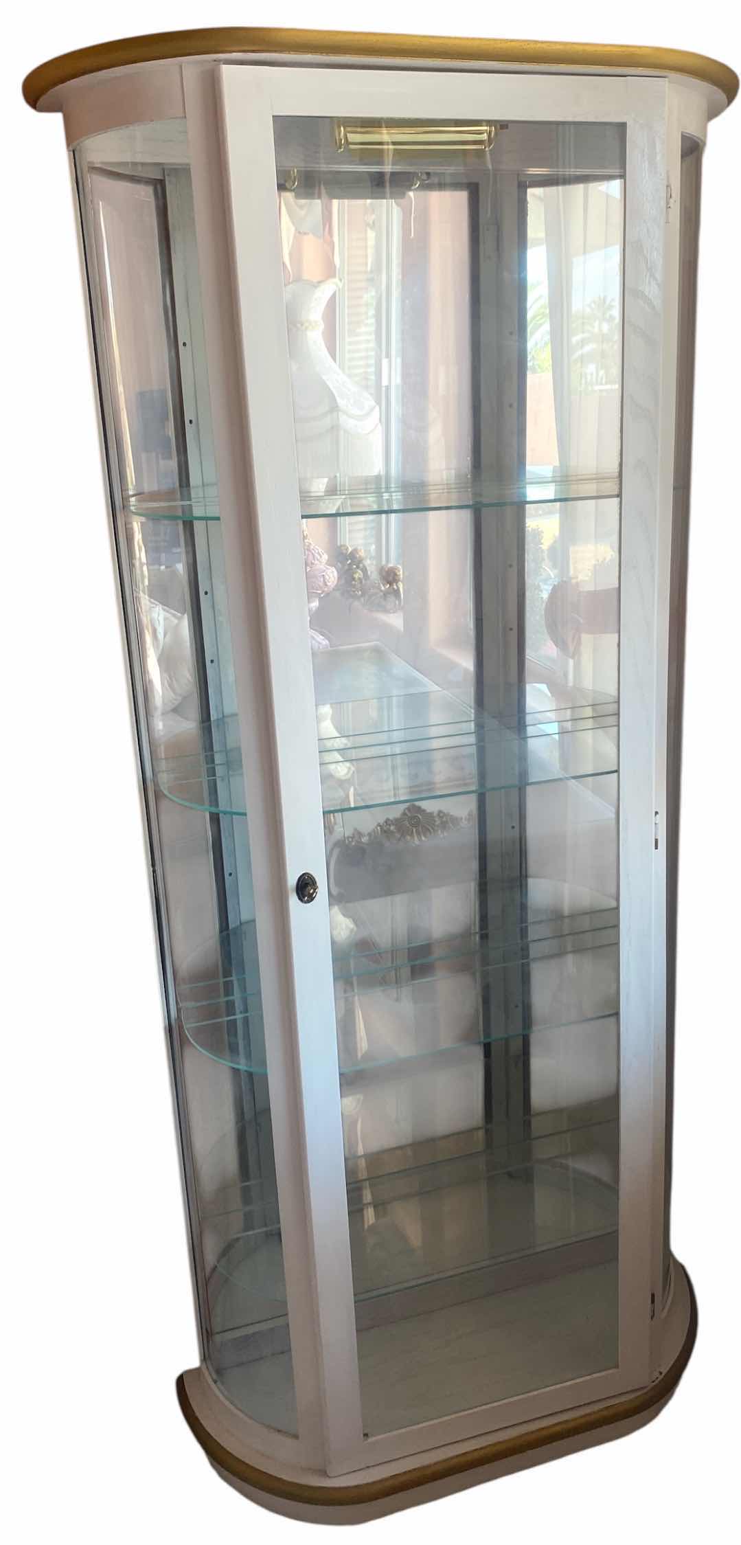 Photo 1 of WHITE & GOLD 4 GLASS SHELVES CURIO CABINET WITH CURVED GLASS ON SIDES 32 1/2” x 12” H 71”
