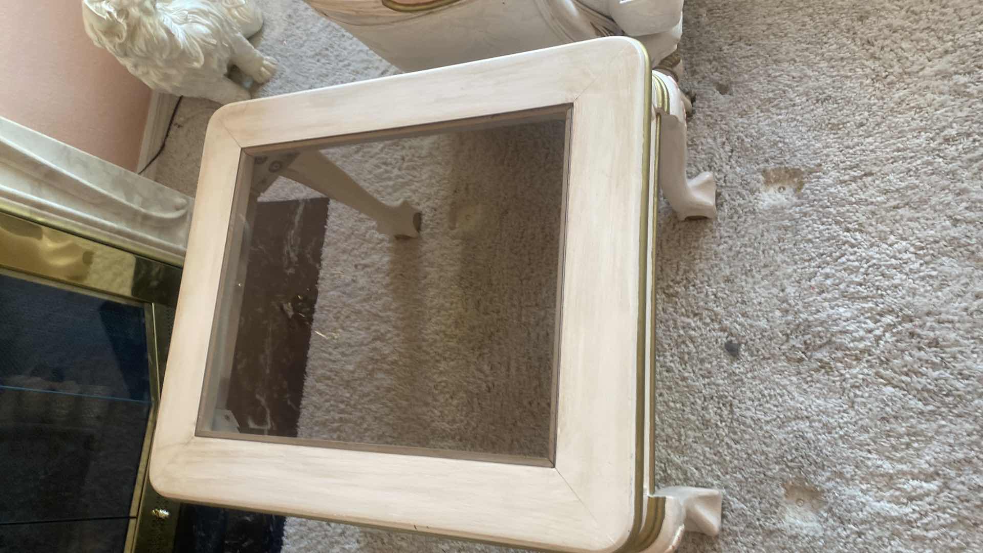 Photo 1 of WHITE WOOD END TABLE WITH BEVELED GLASS TOP & BALL CLAW FEET 23 1/2” x 27 1/2” H 23”