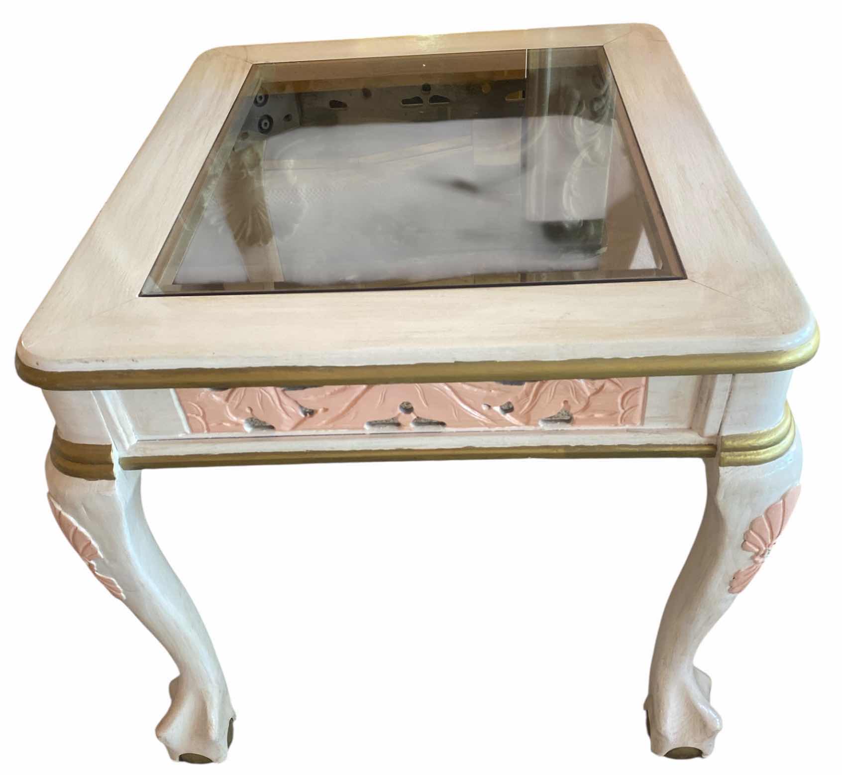 Photo 1 of WHITE WOOD END TABLE WITH BEVELED GLASS TOP & BALL CLAW FEET 23 1/2” x 27 1/2” H 23”