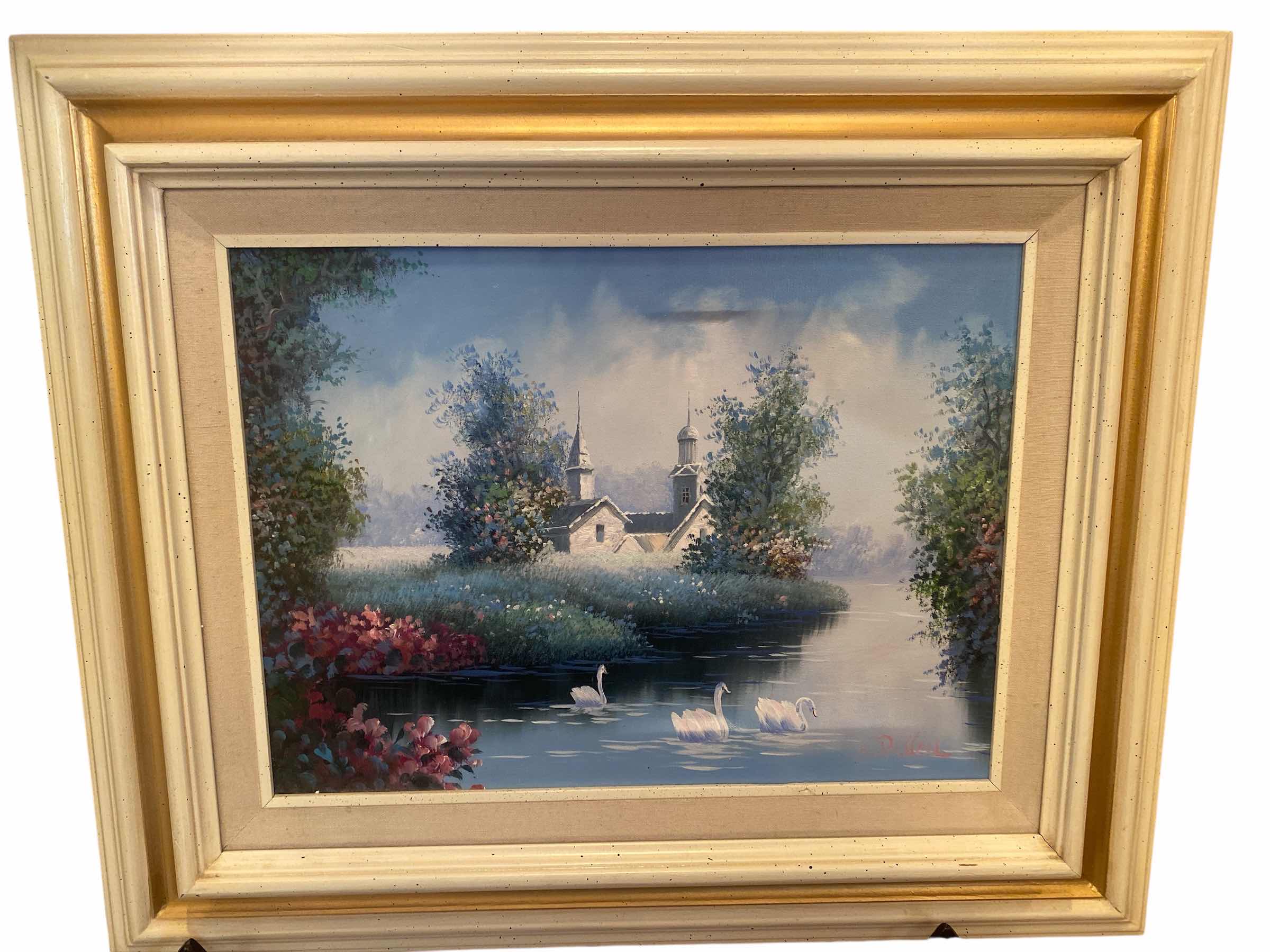 Photo 1 of WOOD FRAMED LANDSCAPE WITH CHURCH SIGNED ARTWORK 23” x 19 1/2”