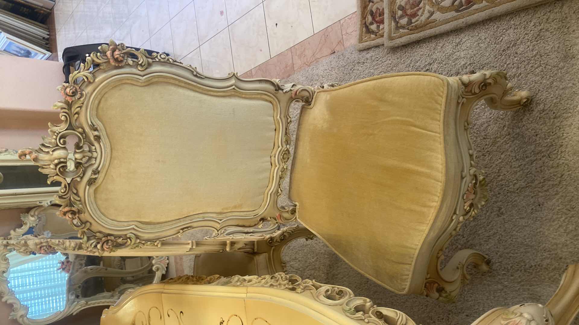 Photo 1 of FRENCH PROVINCIAL HAND PAINTED DINING TABLE W 4
ARMLESS CHAIRS & 1 ARM CHAIR MEASURES WITHOUT LEAF 67“ x 43“ H 29 3/4” LEAF 18”