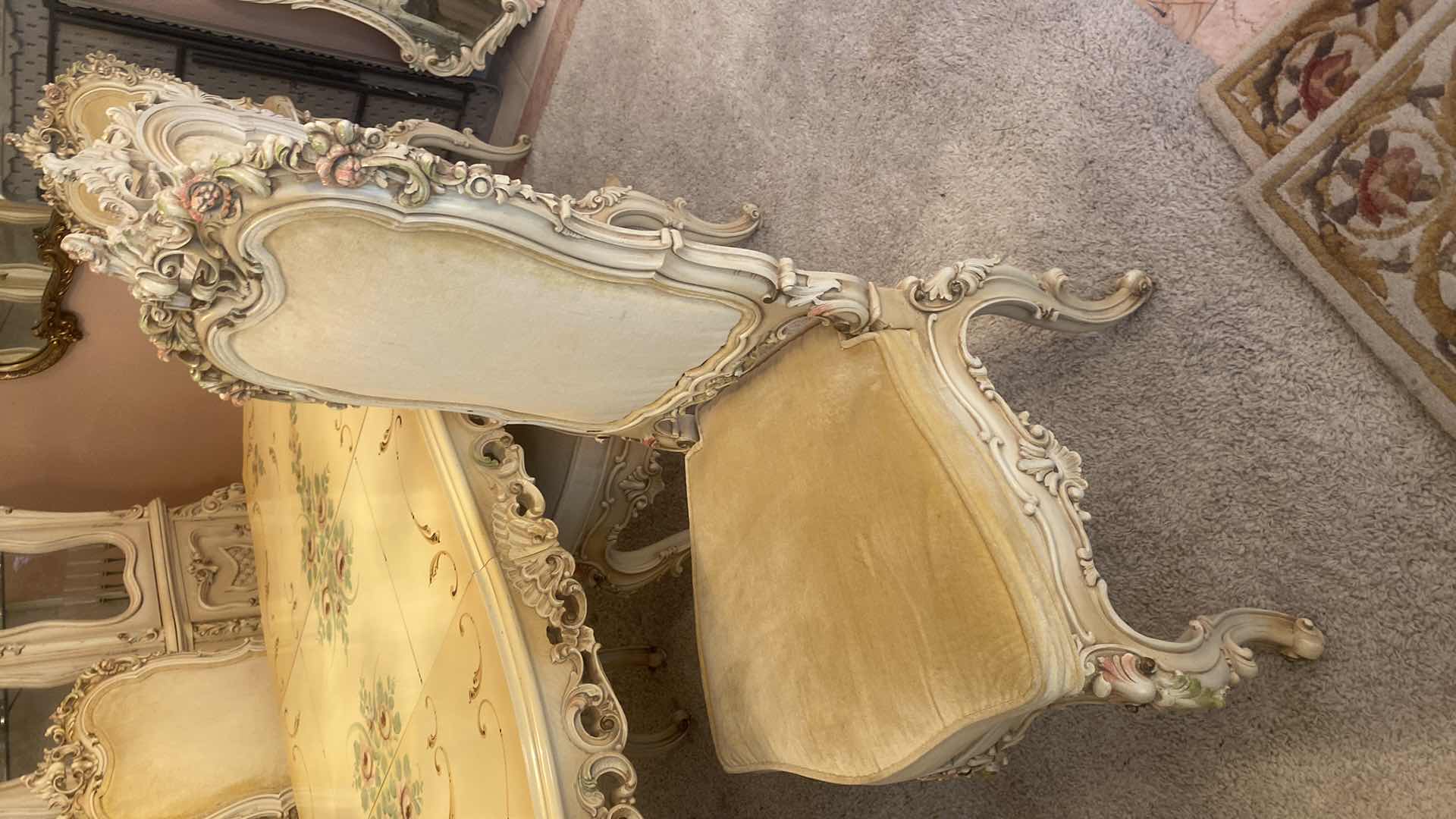 Photo 1 of FRENCH PROVINCIAL HAND PAINTED DINING TABLE W 4
ARMLESS CHAIRS & 1 ARM CHAIR MEASURES WITHOUT LEAF 67“ x 43“ H 29 3/4” LEAF 18”
