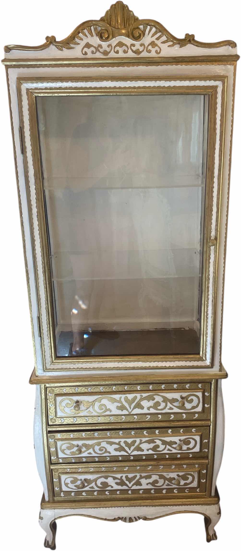 Photo 1 of 3  DRAWER WHITE & GOLD WOOD CURIO CABINET 24” x 15” H69”