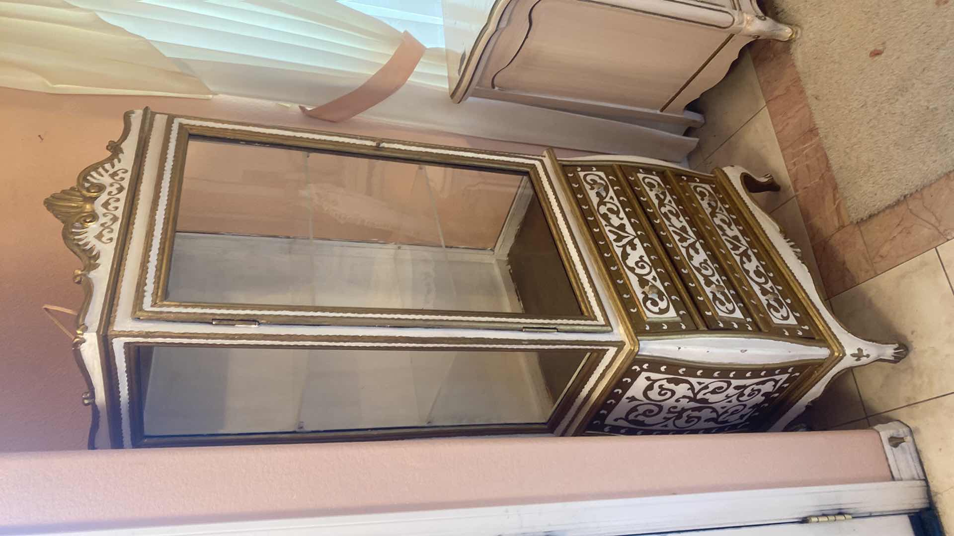 Photo 1 of 3  DRAWER WHITE & GOLD WOOD CURIO CABINET 24” x 15” H69”