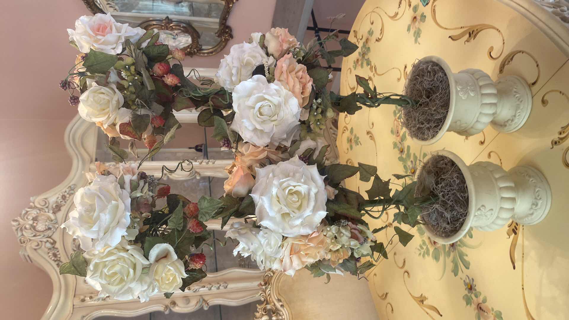 Photo 1 of PAIR OF FAUX ROSE TOPIARY IN RESIN POTS H34”