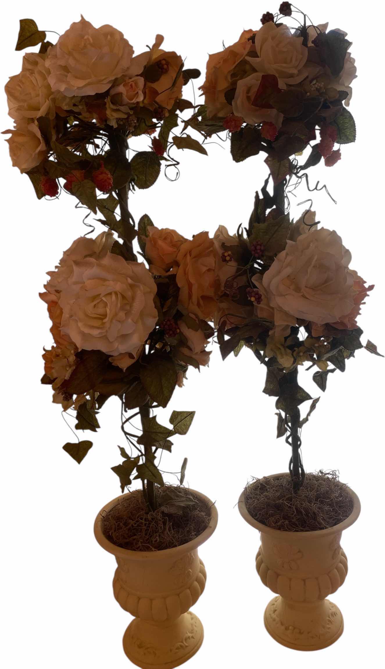 Photo 1 of PAIR OF FAUX ROSE TOPIARY IN RESIN POTS H34”