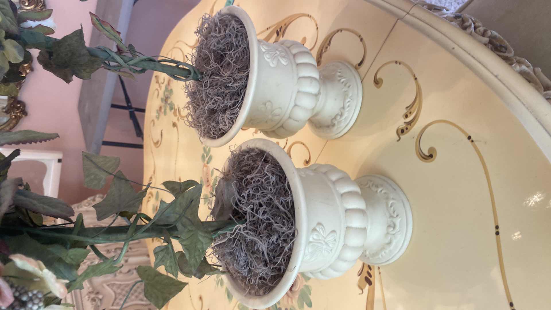 Photo 1 of PAIR OF FAUX ROSE TOPIARY IN RESIN POTS H34”