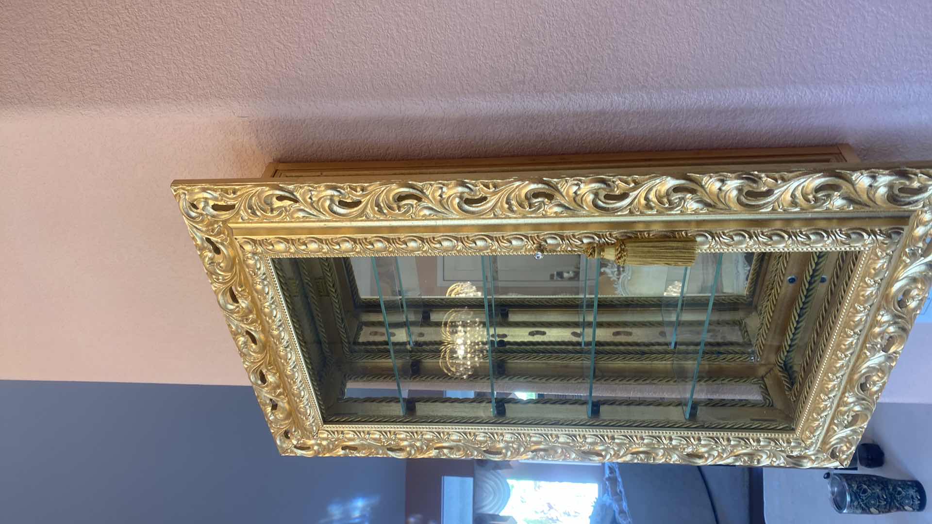 Photo 1 of ORNATE GOLD WOOD WALL CURIO CABINET 19” x 5 1/4” H32”