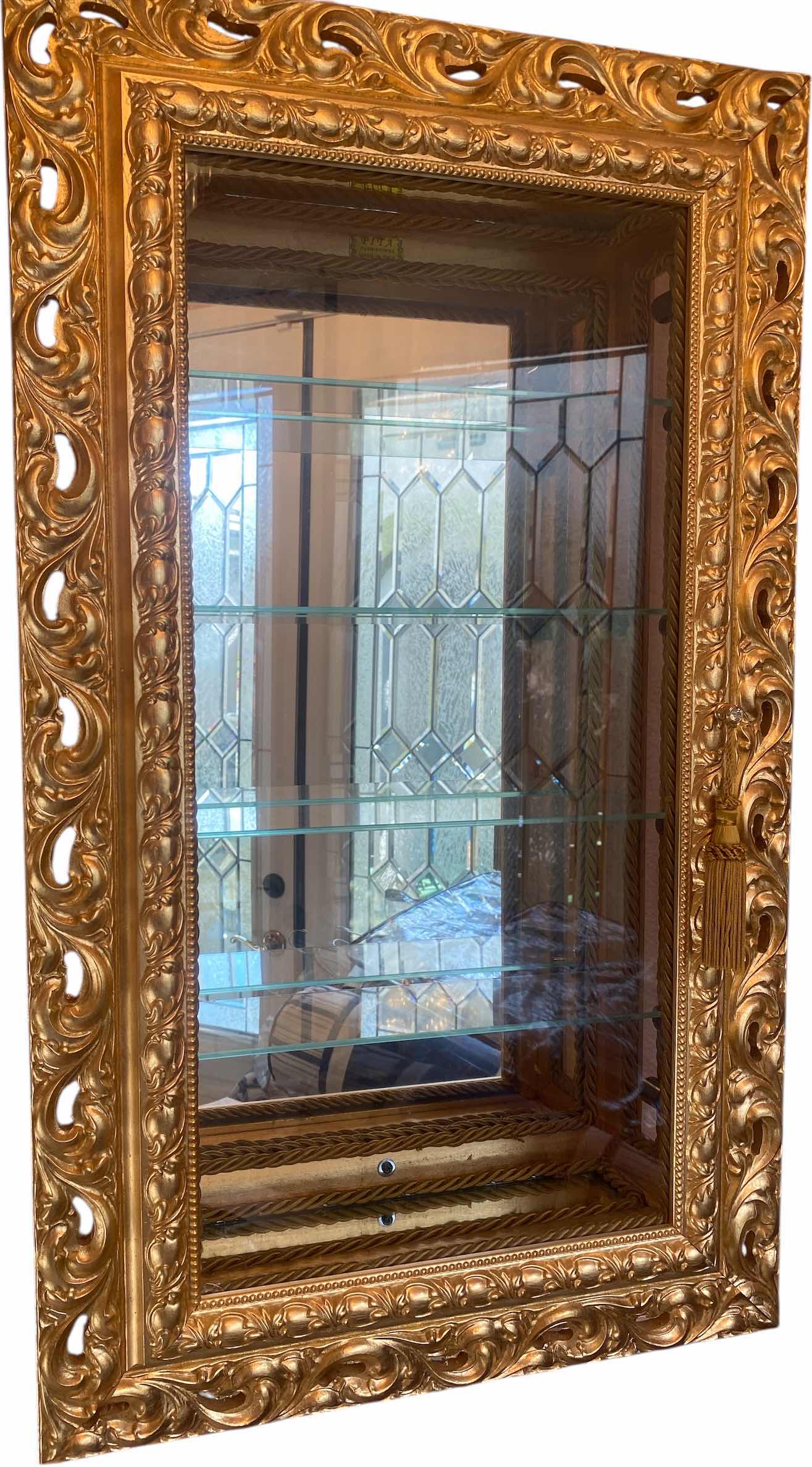 Photo 1 of ORNATE GOLD WOOD WALL CURIO CABINET 19” x 5 1/4” H32”