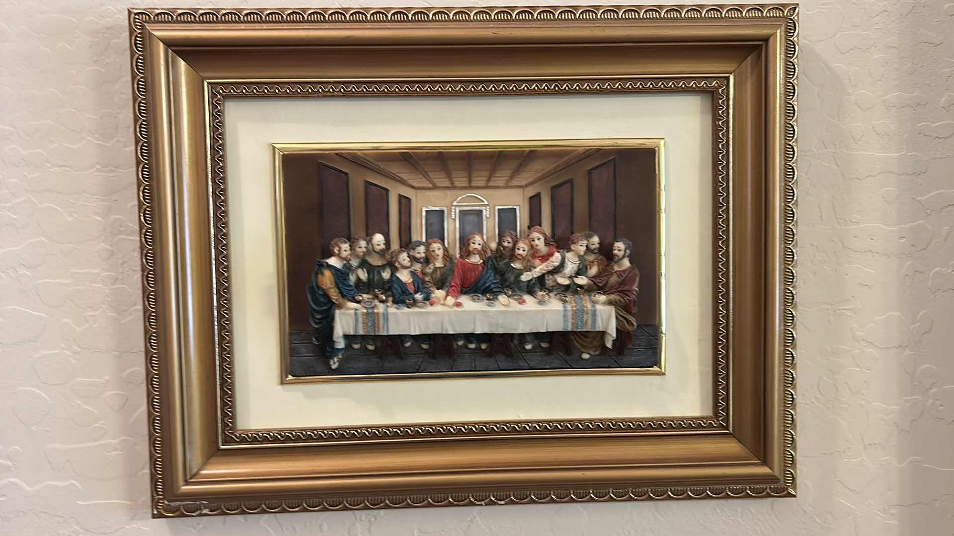 Photo 1 of GOLD WOOD FRAMED RELIEF OF “LAST SUPPER” ARTWORK 16 1/2“ x 12 1/2“
