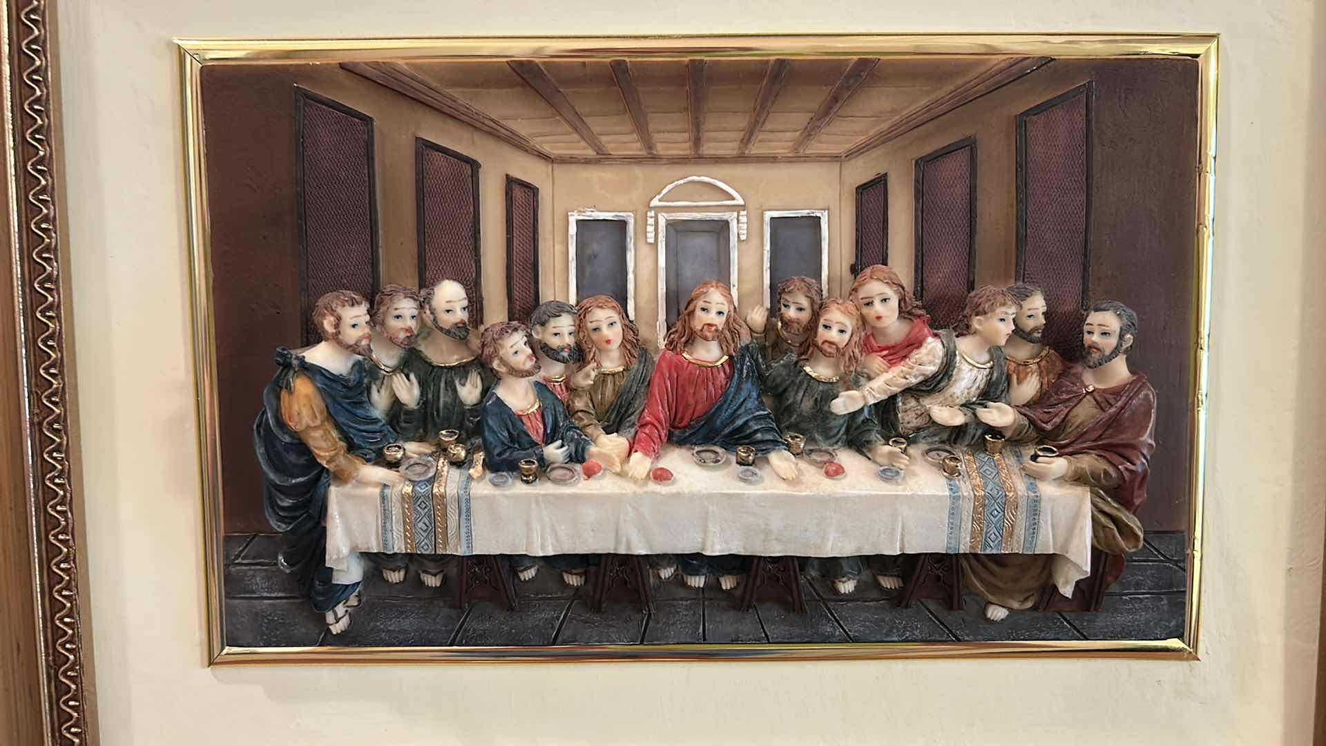 Photo 1 of GOLD WOOD FRAMED RELIEF OF “LAST SUPPER” ARTWORK 16 1/2“ x 12 1/2“