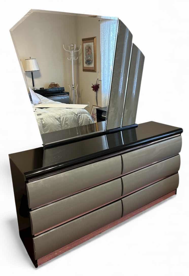 Photo 1 of MILLENNIUM GRAY AND BLACK ART DECO DRESSER 63“ x 17“ x H30 1/2“ AND BEVELED GLASS MIRROR H 41 1/2“
