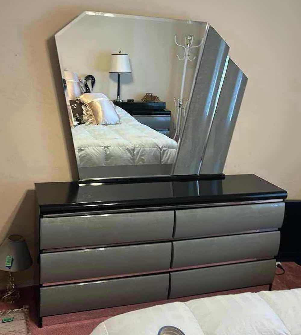 Photo 1 of MILLENNIUM GRAY AND BLACK ART DECO DRESSER 63“ x 17“ x H30 1/2“ AND BEVELED GLASS MIRROR H 41 1/2“