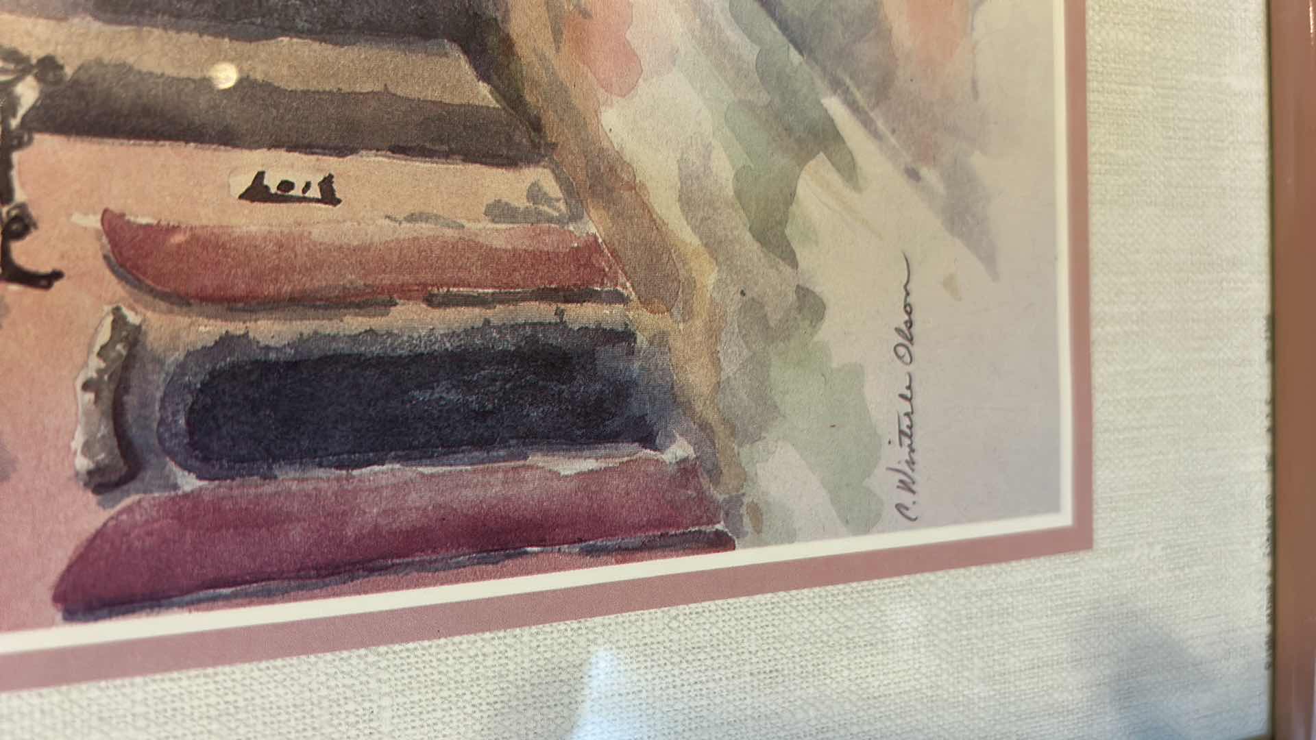 Photo 1 of WOOD FRAMED PAINTED HIGH GLOSS FINISH, SOFT PASTEL STREET SCENE ARTWORK 21 1/2“ x H18“