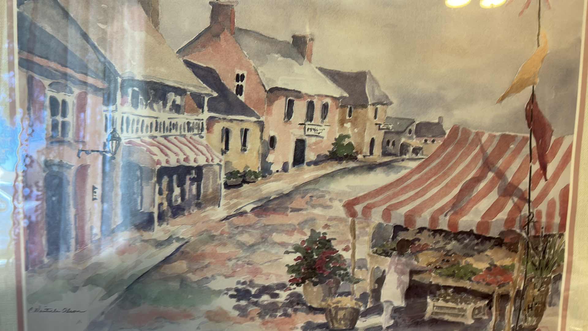 Photo 1 of WOOD FRAMED PAINTED HIGH GLOSS FINISH, SOFT PASTEL STREET SCENE ARTWORK 21 1/2“ x H18“