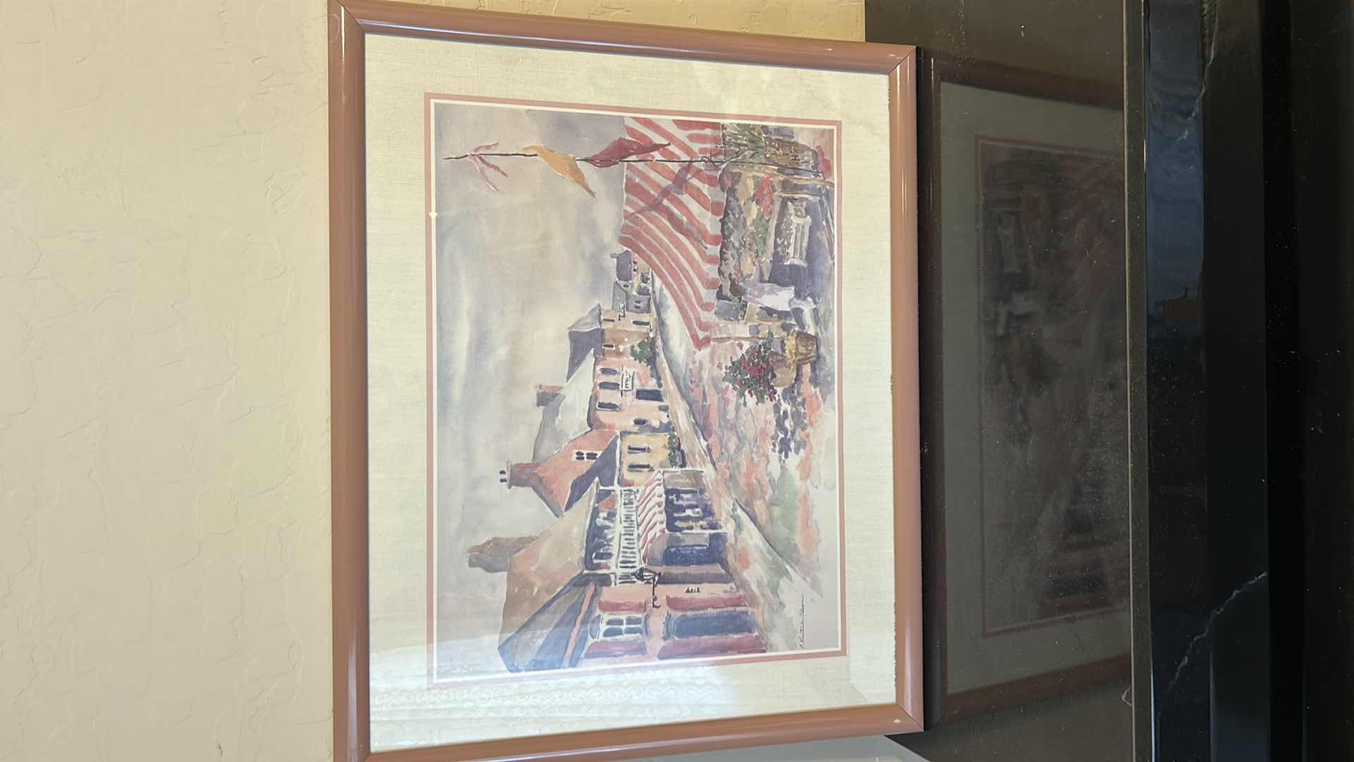 Photo 1 of WOOD FRAMED PAINTED HIGH GLOSS FINISH, SOFT PASTEL STREET SCENE ARTWORK 21 1/2“ x H18“