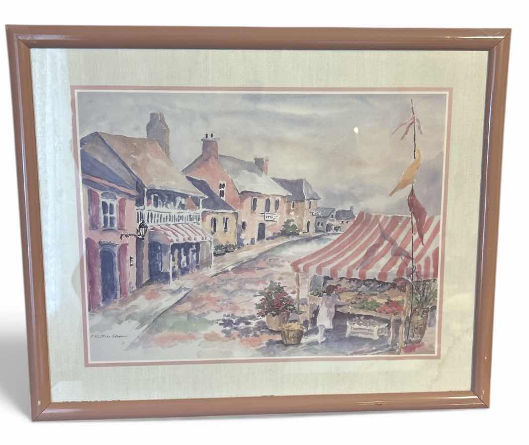 Photo 1 of WOOD FRAMED PAINTED HIGH GLOSS FINISH, SOFT PASTEL STREET SCENE ARTWORK 21 1/2“ x H18“