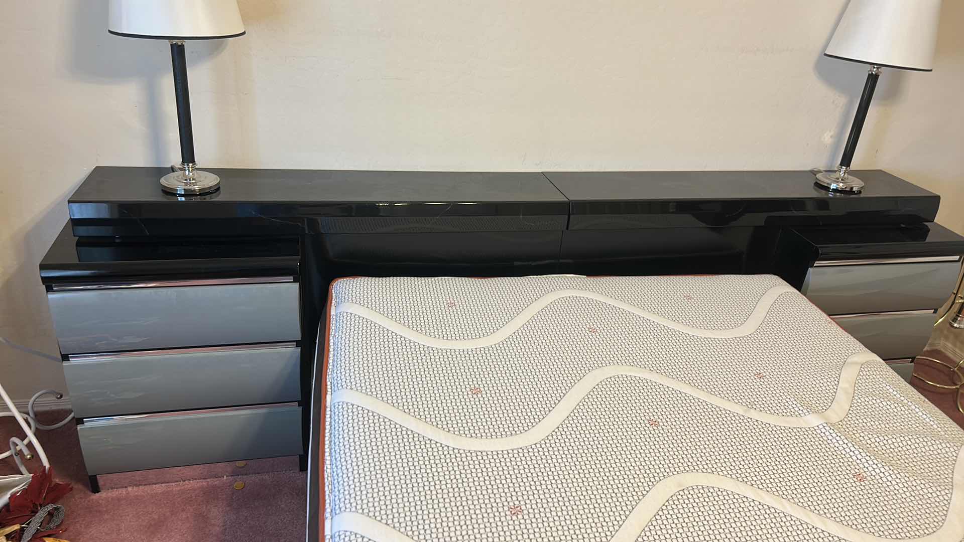 Photo 1 of 2 MILLENNIUM ART DECO WOOD WITH HIGH GLOSS FINISH NIGHTSTANDS  24“ x 17“ x H30 1/2“WITH ATTACHED HEADBOARD 9’