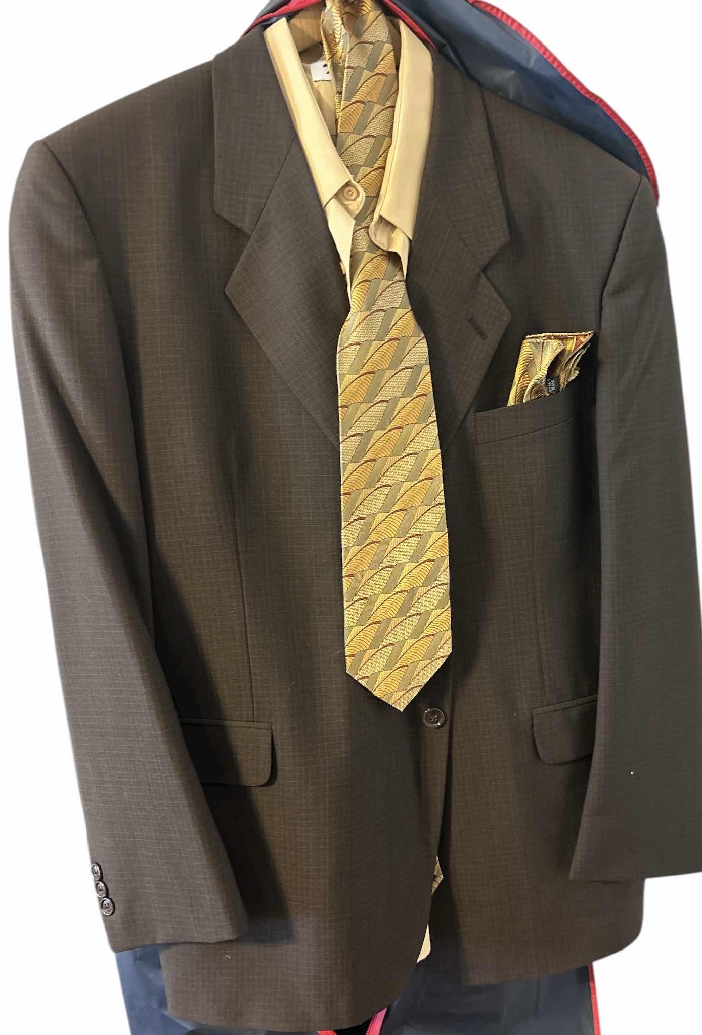 Photo 1 of MENS SUIT, SHIRT AND TIE IN ZIPPER BAG SLACKS WAIST 46”
