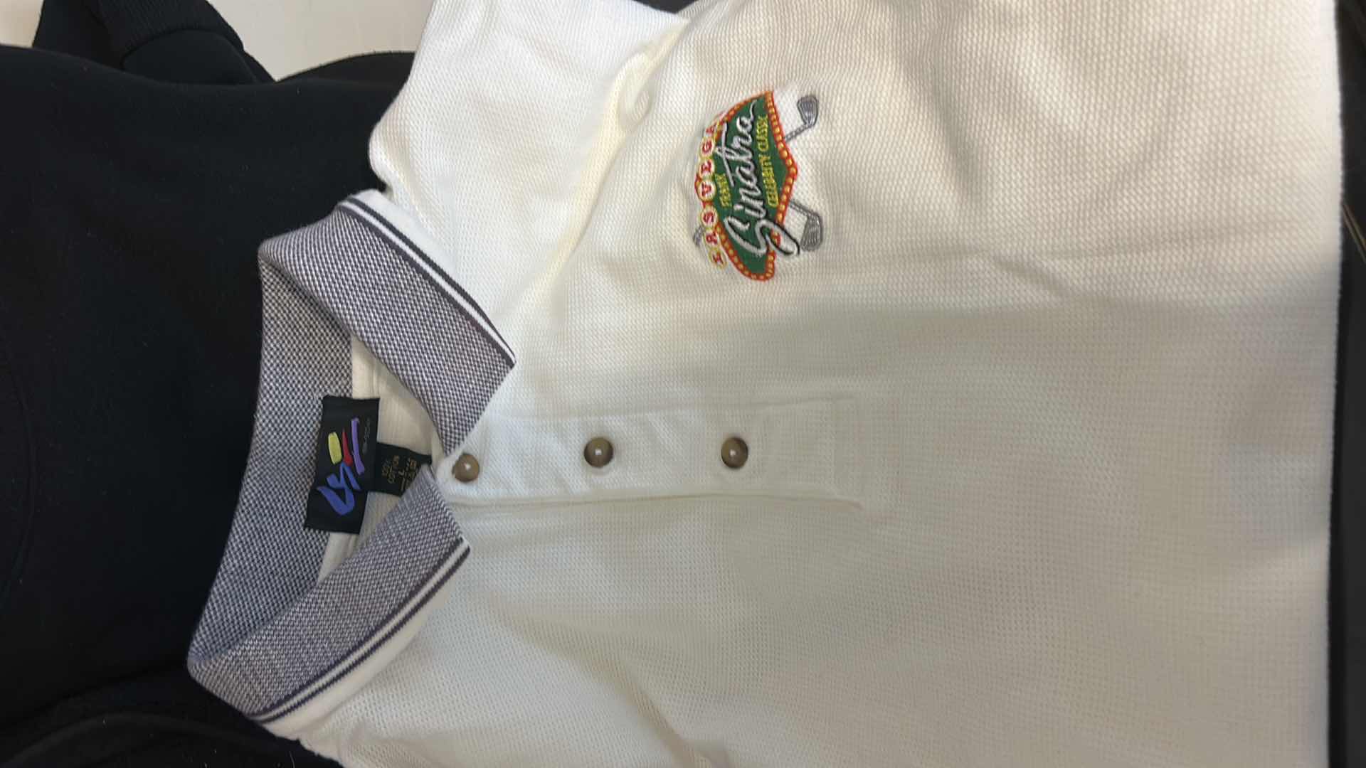 Photo 1 of MENS XL BLACK SWEATSHIRT, FRANK SINATRA CELEBRITY CLASSIC POLO AND 3 PAIRS SLIPPERS L -XL