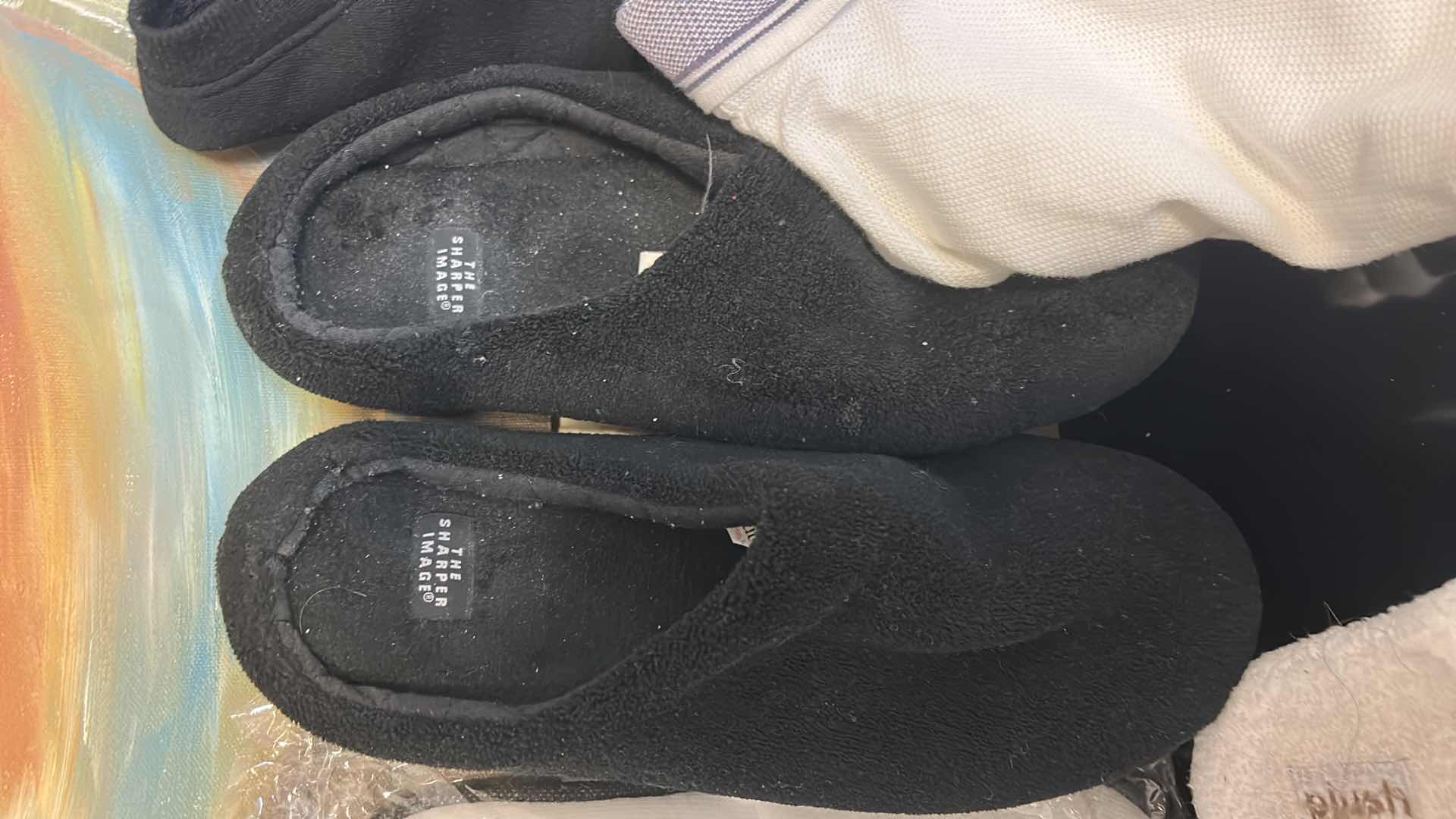 Photo 1 of MENS XL BLACK SWEATSHIRT, FRANK SINATRA CELEBRITY CLASSIC POLO AND 3 PAIRS SLIPPERS L -XL