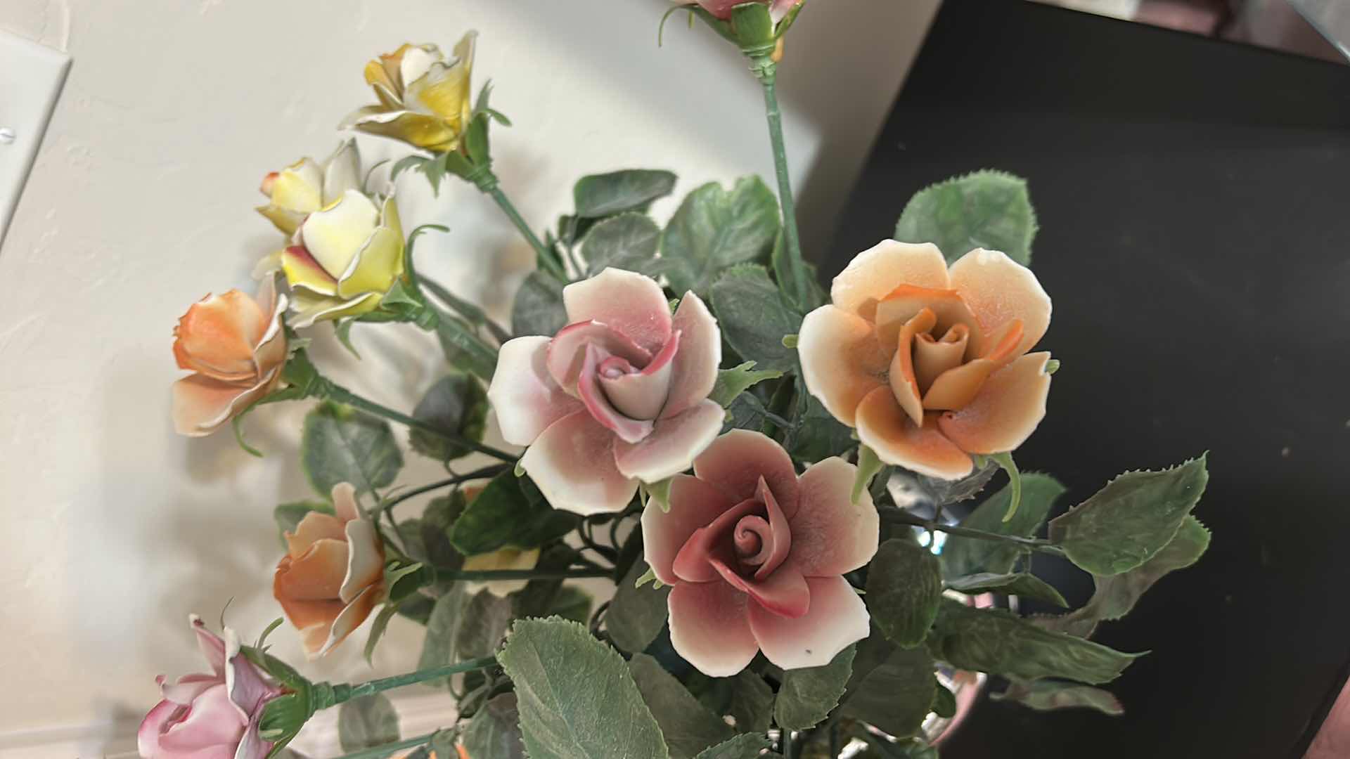 Photo 1 of SILVER VASE WITH PORCELAIN ROSES H19”