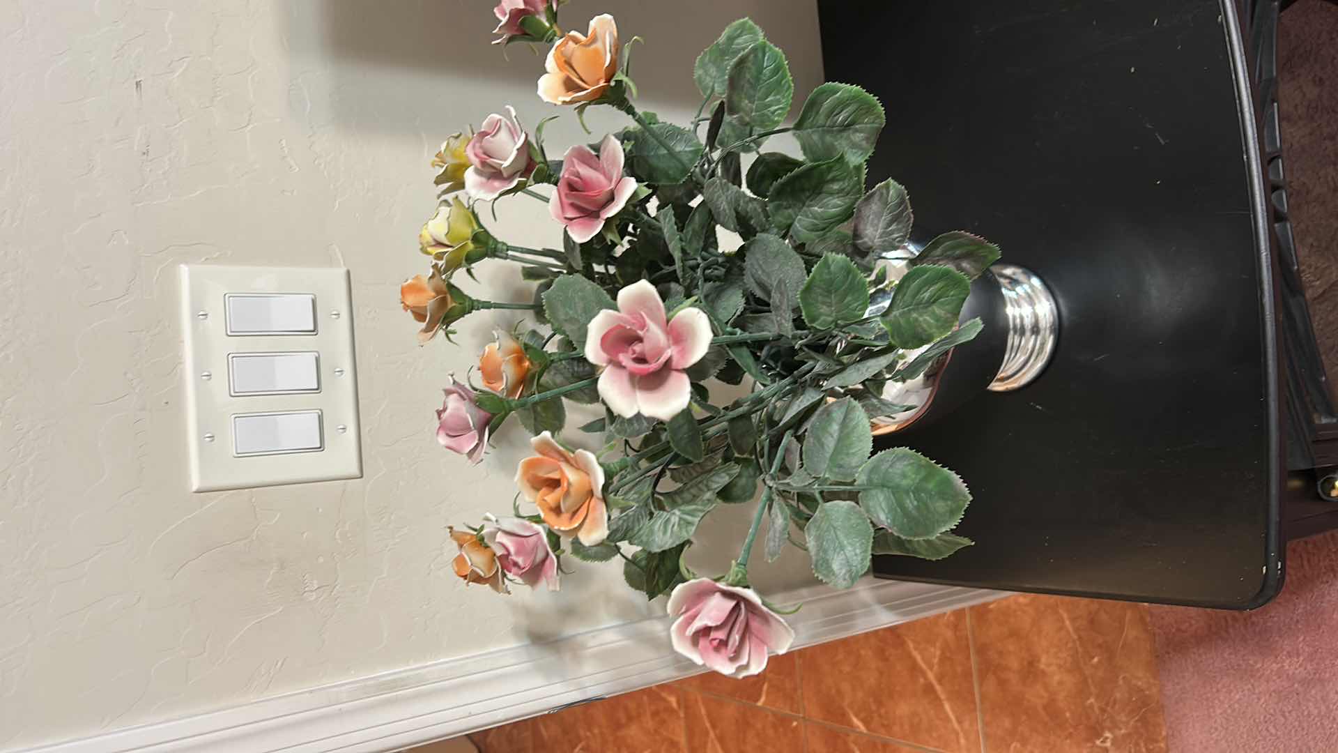 Photo 1 of SILVER VASE WITH PORCELAIN ROSES H19”