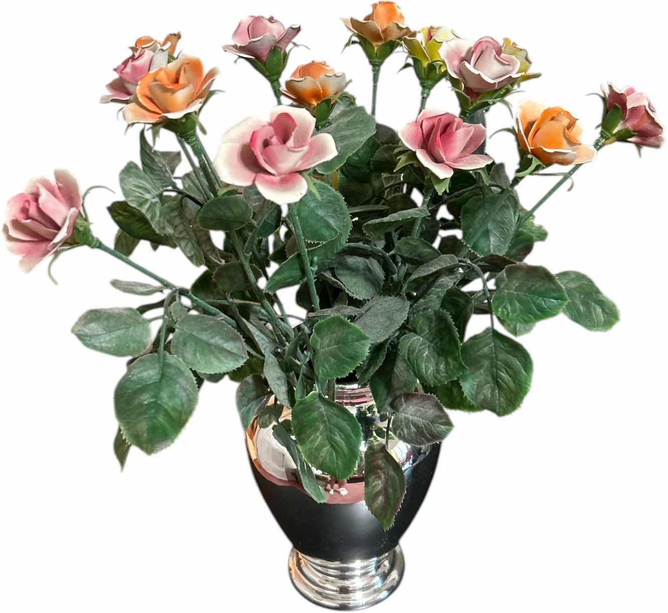 Photo 1 of SILVER VASE WITH PORCELAIN ROSES H19”