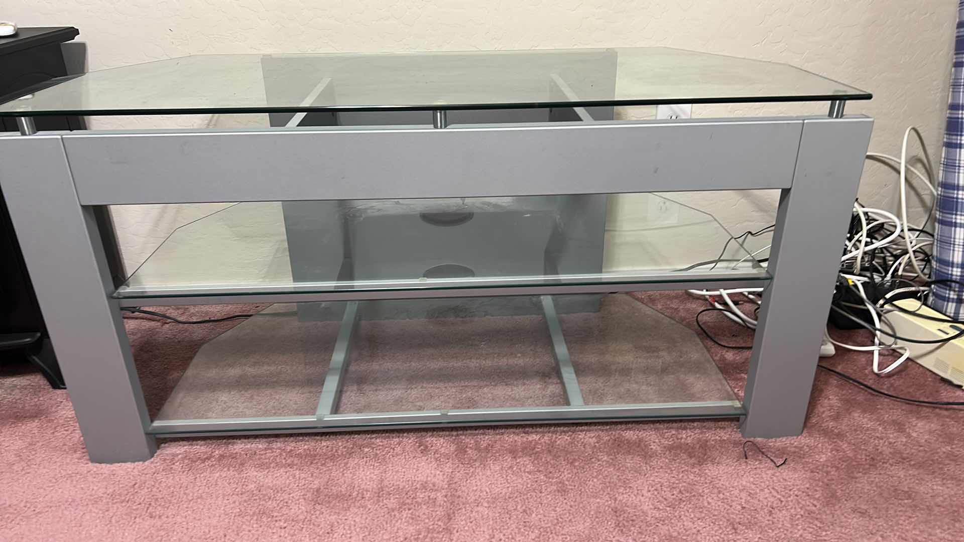 Photo 1 of TV STAND GRAY WITH GLASS SHELVING 48“ x 20“ x H23 1/2“