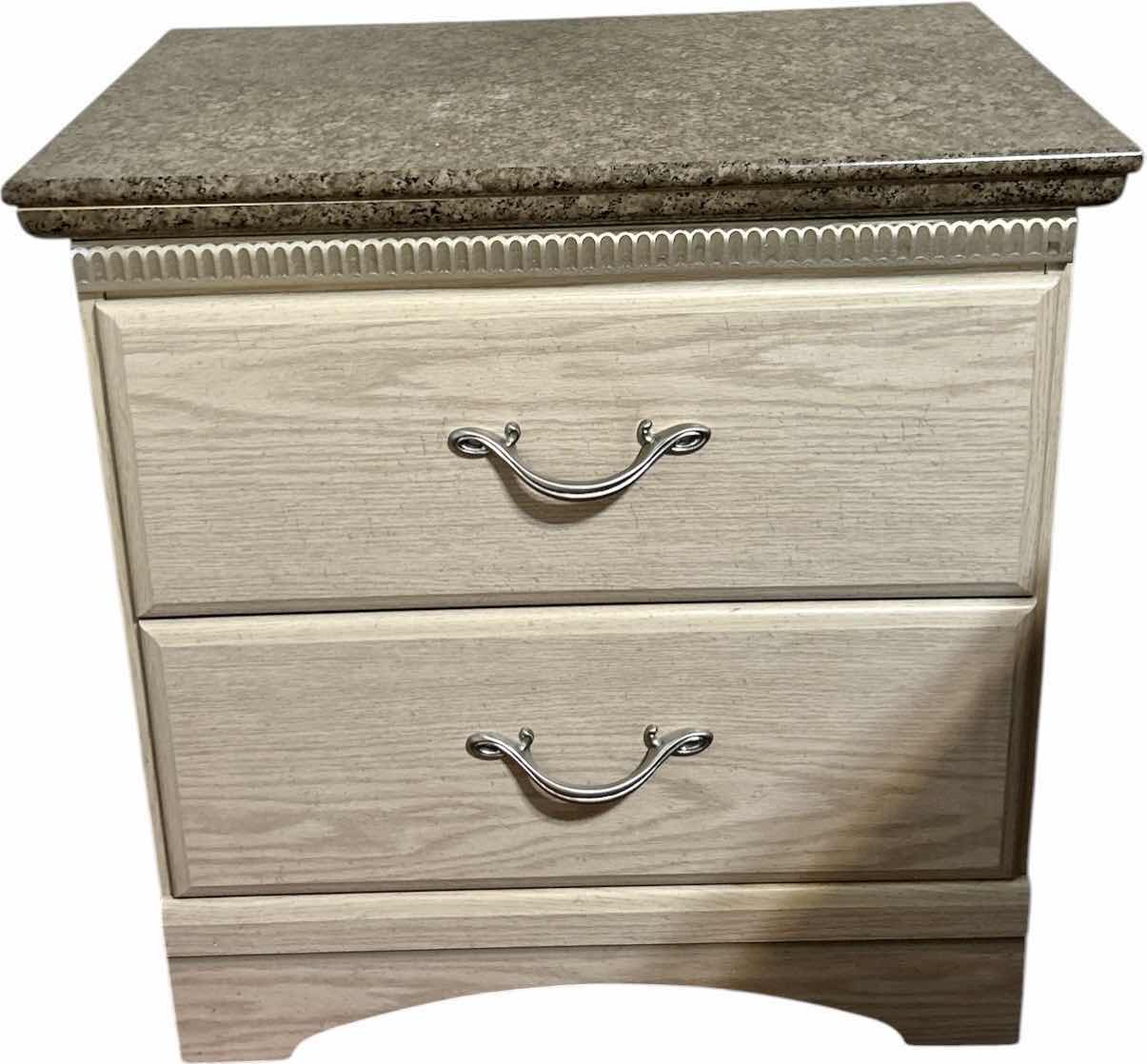 Photo 1 of PRESSED WOOD 2 DRAWER NIGHT STAND WITH FAUX STONE TOP 24“ x 16“ x H24 1/4“