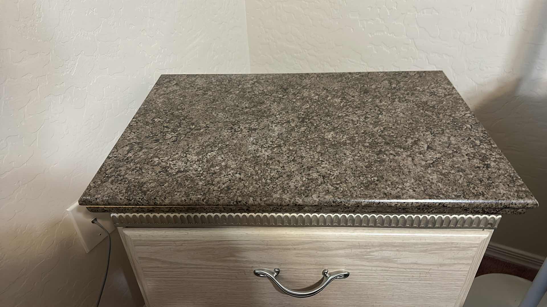 Photo 1 of PRESSED WOOD 2 DRAWER NIGHT STAND WITH FAUX STONE TOP 24“ x 16“ x H24 1/4“