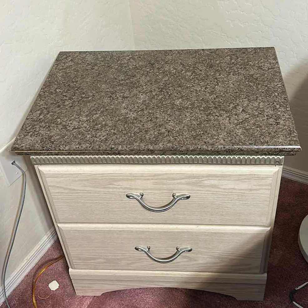 Photo 1 of PRESSED WOOD 2 DRAWER NIGHT STAND WITH FAUX STONE TOP 24“ x 16“ x H24 1/4“