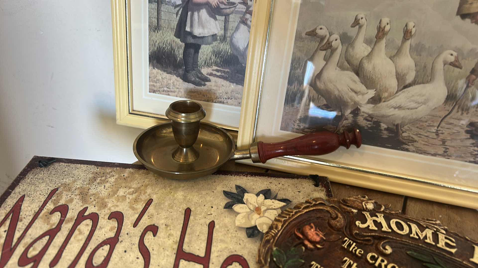 Photo 1 of VINTAGE ASSORTMENT/ WOODEN STOOL, GEESE ARTWORK, BRASS CANDLE HOLDER AND MORE
