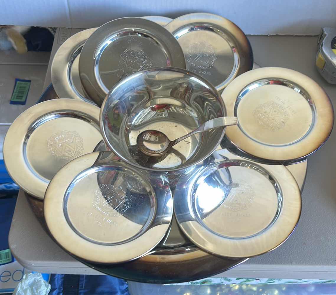 Photo 1 of AVON SILVER PLATED AWARDS- PLATTER WITH BOWL AND SPOON, 8 PLATES, 8 FORKS & 8 SPREADERS