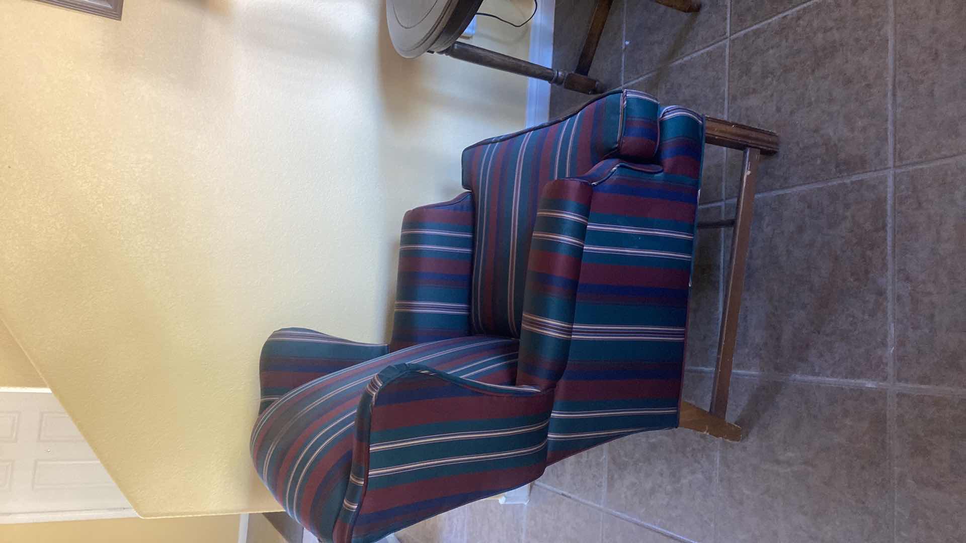 Photo 1 of TRADITIONAL STRIPED FABRIC OCCASIONAL CHAIR WITH WOOD LEGS (two available each sold separately)