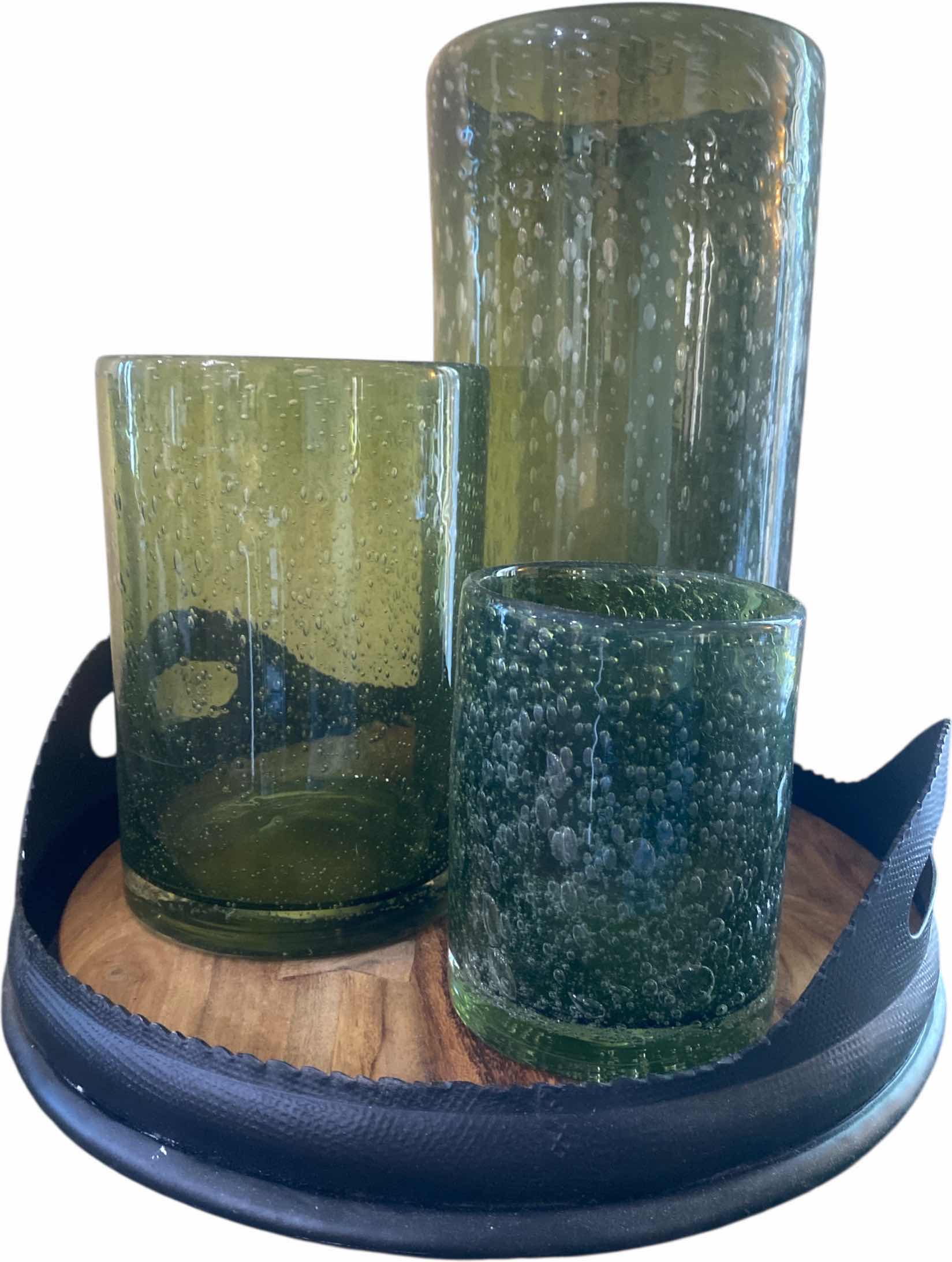 Photo 1 of METAL & WOOD TRAY WITH 3 GLASS CANDLE HOLDERS H13”