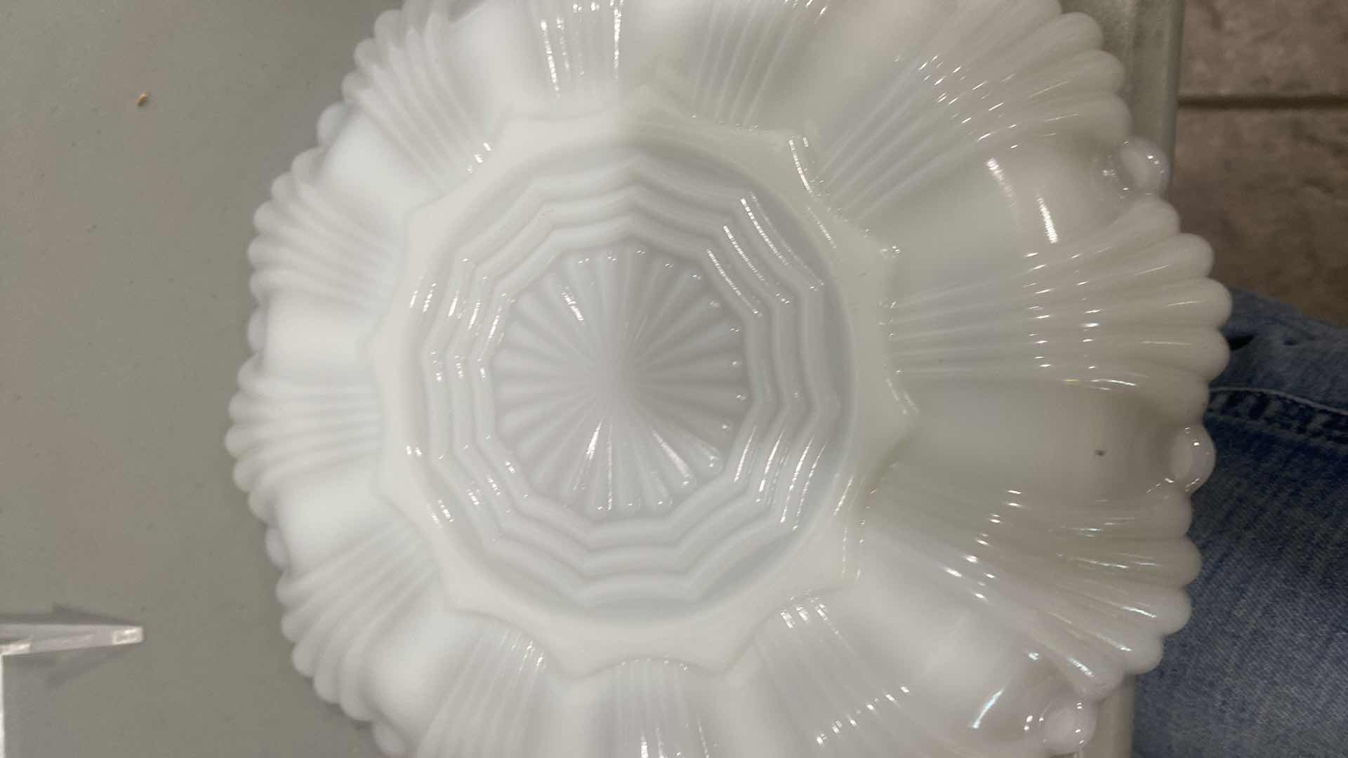 Photo 1 of VINTAGE MILK GLASS OYSTER OR EGG PLATE WHITE & TRIMED WITH GOLD 9 1/2” EST VALUE $175