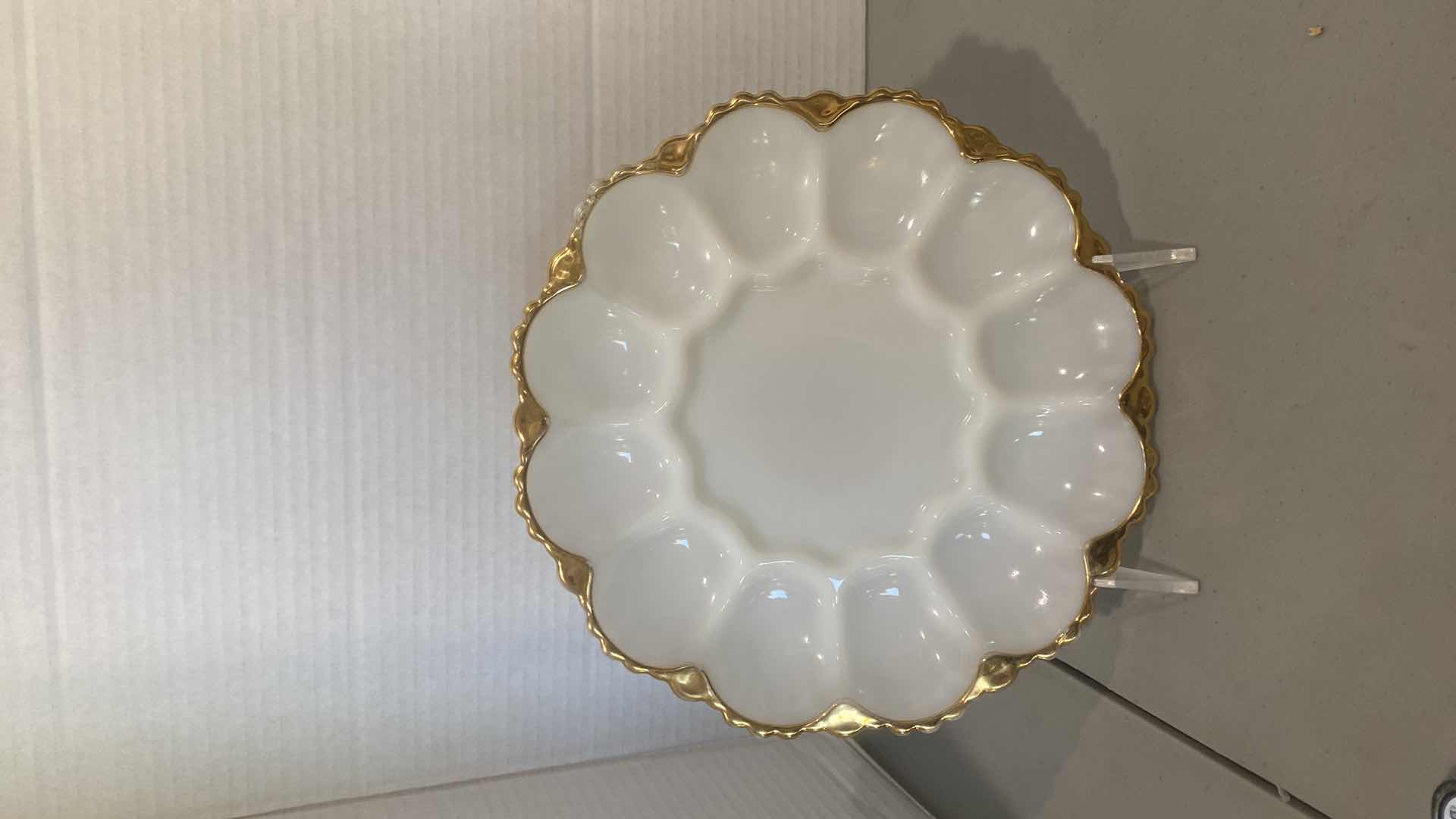 Photo 1 of VINTAGE MILK GLASS OYSTER OR EGG PLATE WHITE & TRIMED WITH GOLD 9 1/2” EST VALUE $175