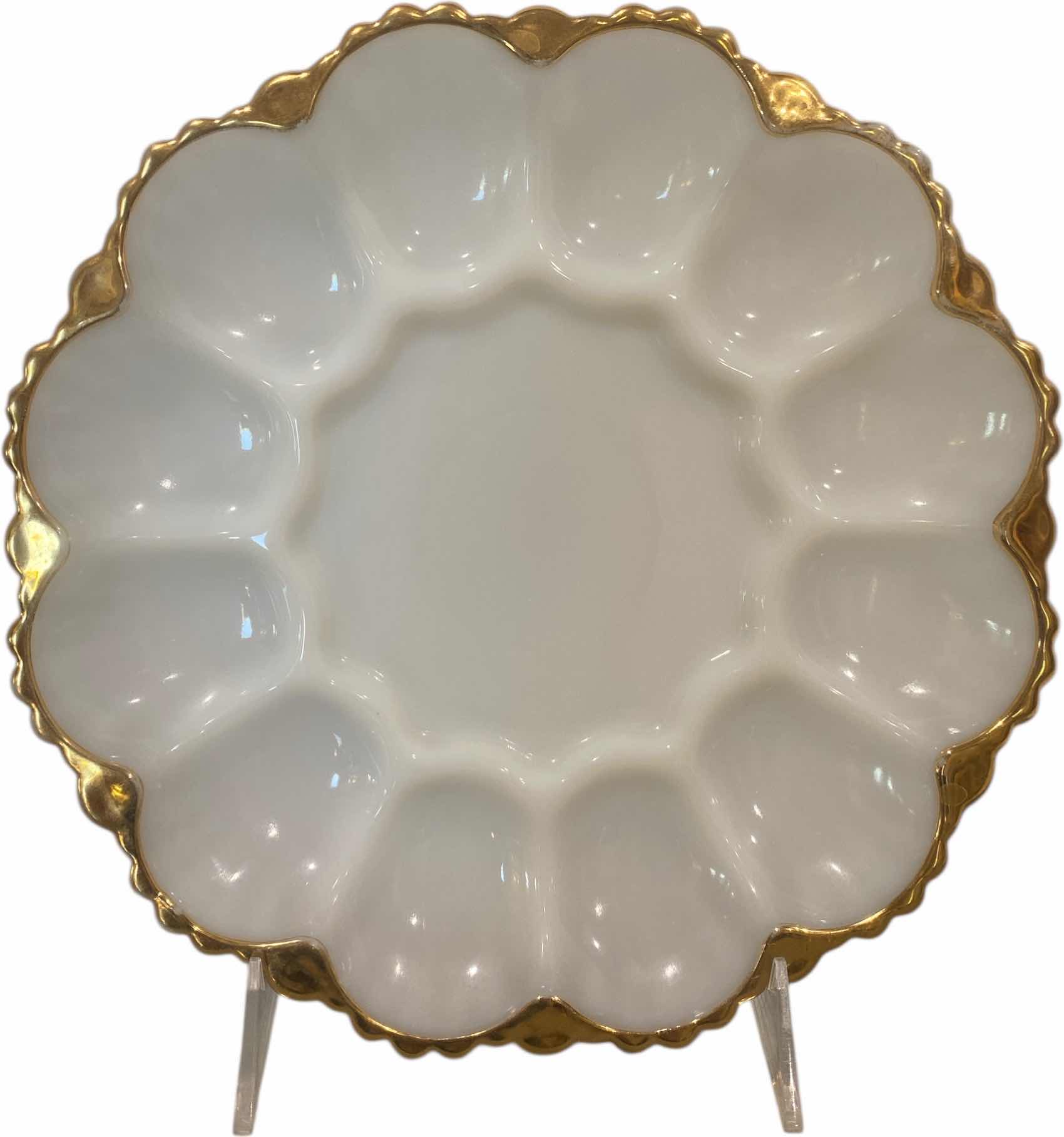 Photo 1 of VINTAGE MILK GLASS OYSTER OR EGG PLATE WHITE & TRIMED WITH GOLD 9 1/2” EST VALUE $175