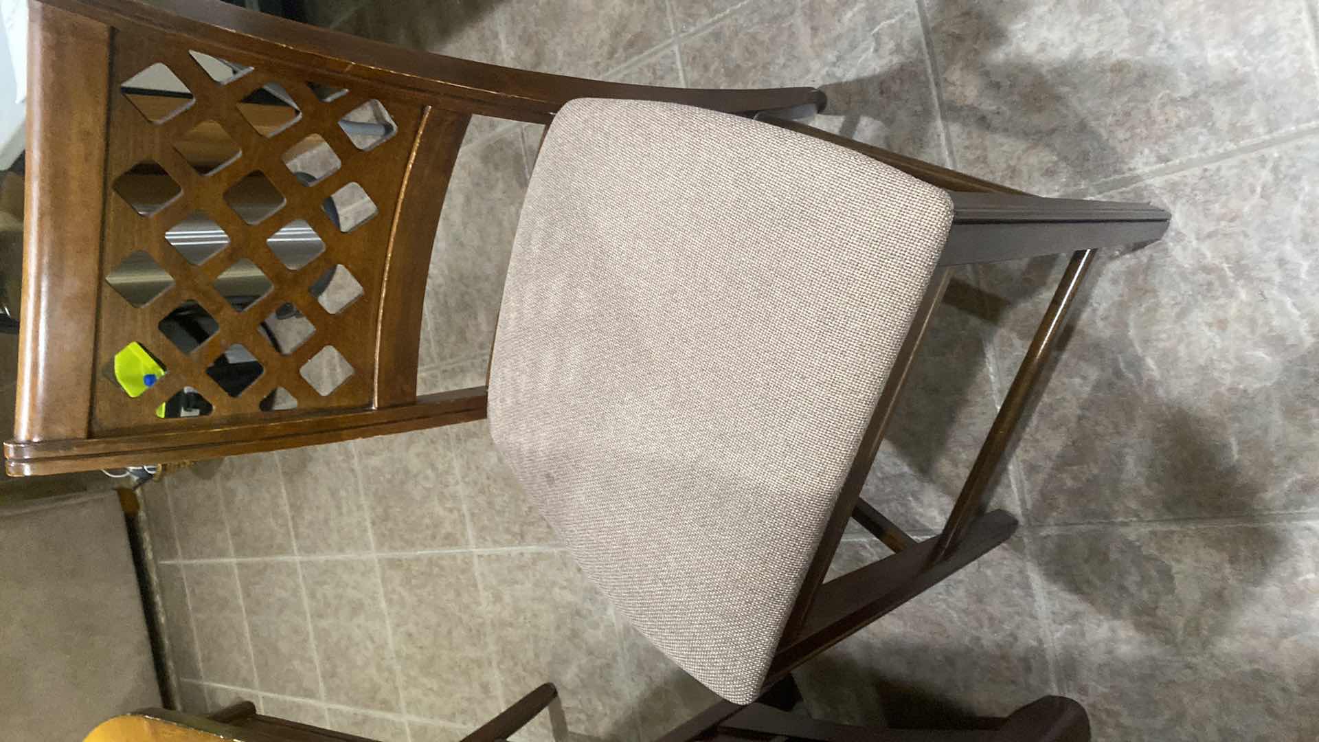 Photo 1 of WOOD COUNTER HEIGHT TABLE WITH STORAGE,18” LEAF & 4 CHAIRS - MEASURES 42” x 42” H36” WITHOUT LEAF (some scratches and stains)