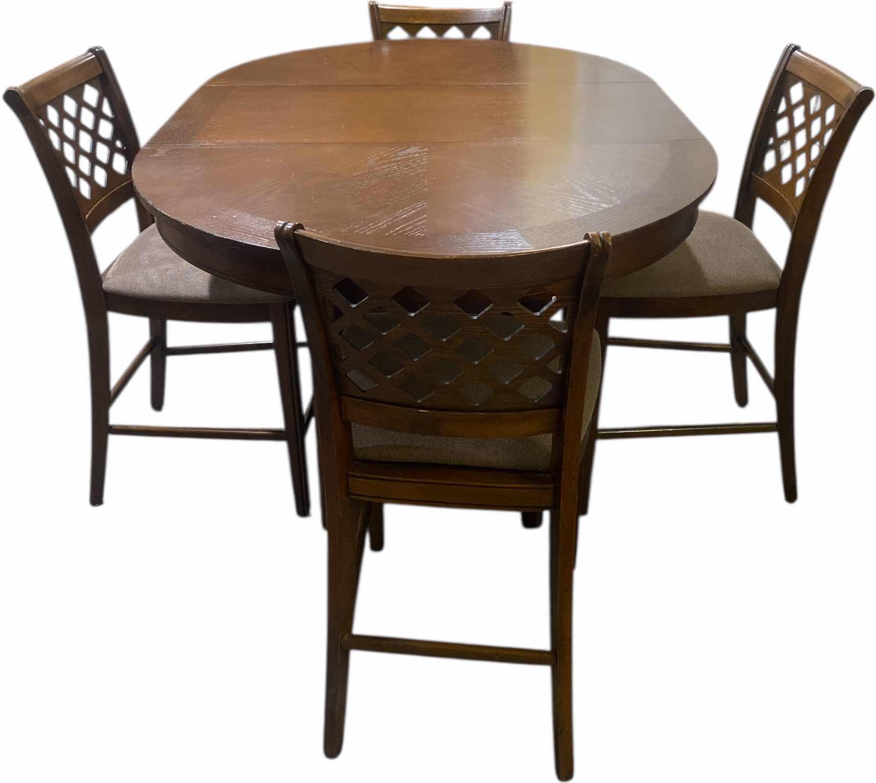 Photo 1 of WOOD COUNTER HEIGHT TABLE WITH STORAGE,18” LEAF & 4 CHAIRS - MEASURES 42” x 42” H36” WITHOUT LEAF (some scratches and stains)