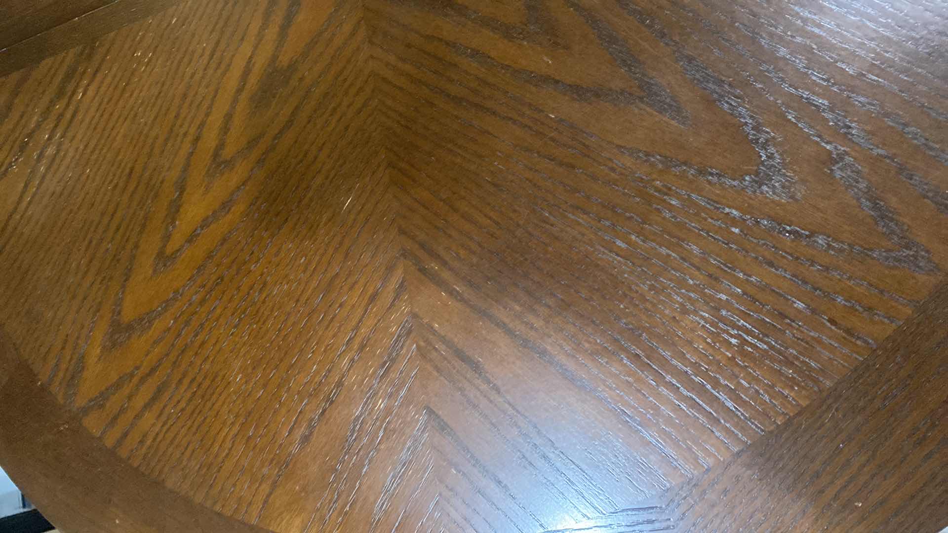 Photo 1 of WOOD COUNTER HEIGHT TABLE WITH STORAGE,18” LEAF & 4 CHAIRS - MEASURES 42” x 42” H36” WITHOUT LEAF (some scratches and stains)