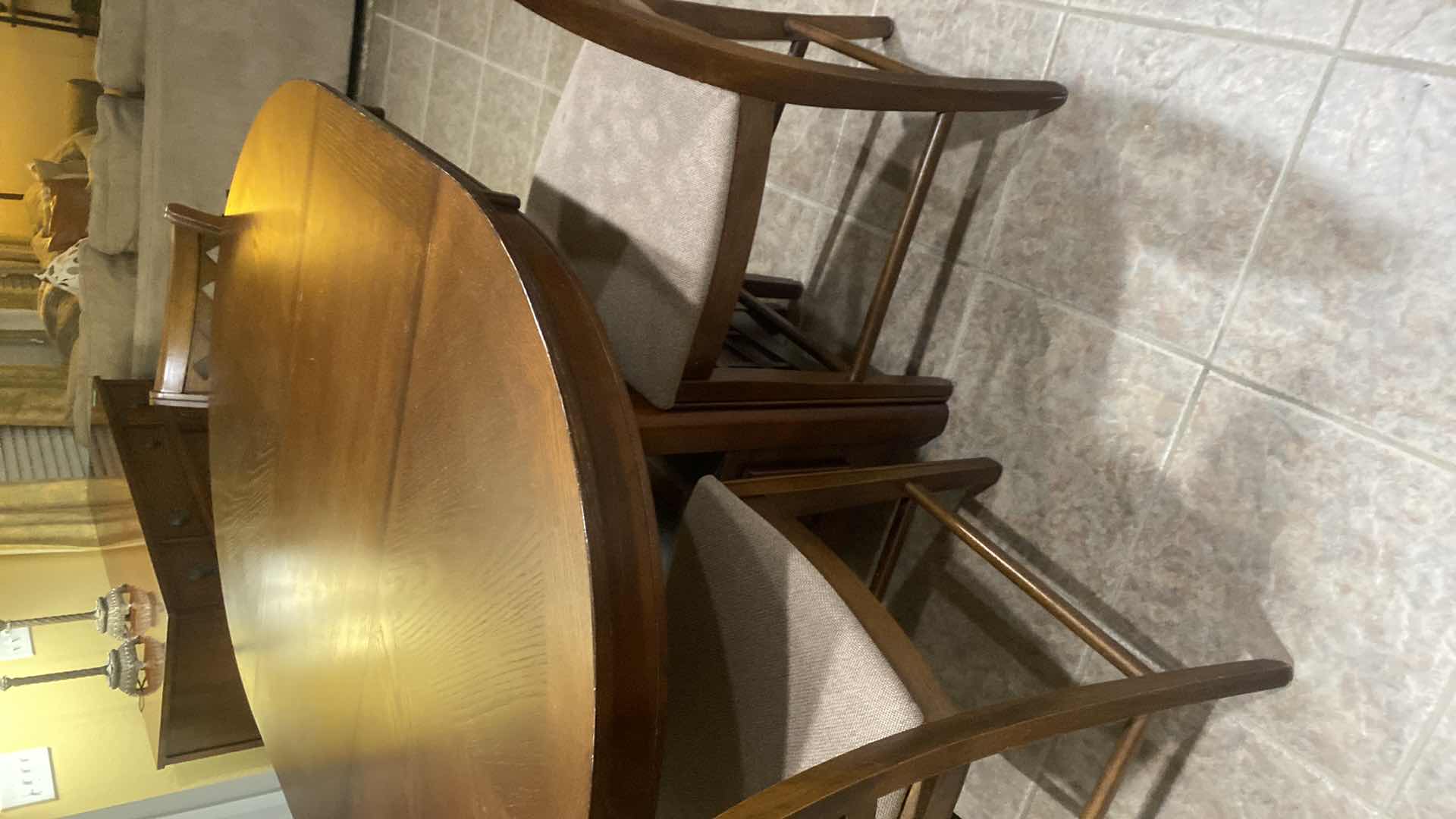 Photo 1 of WOOD COUNTER HEIGHT TABLE WITH STORAGE,18” LEAF & 4 CHAIRS - MEASURES 42” x 42” H36” WITHOUT LEAF (some scratches and stains)