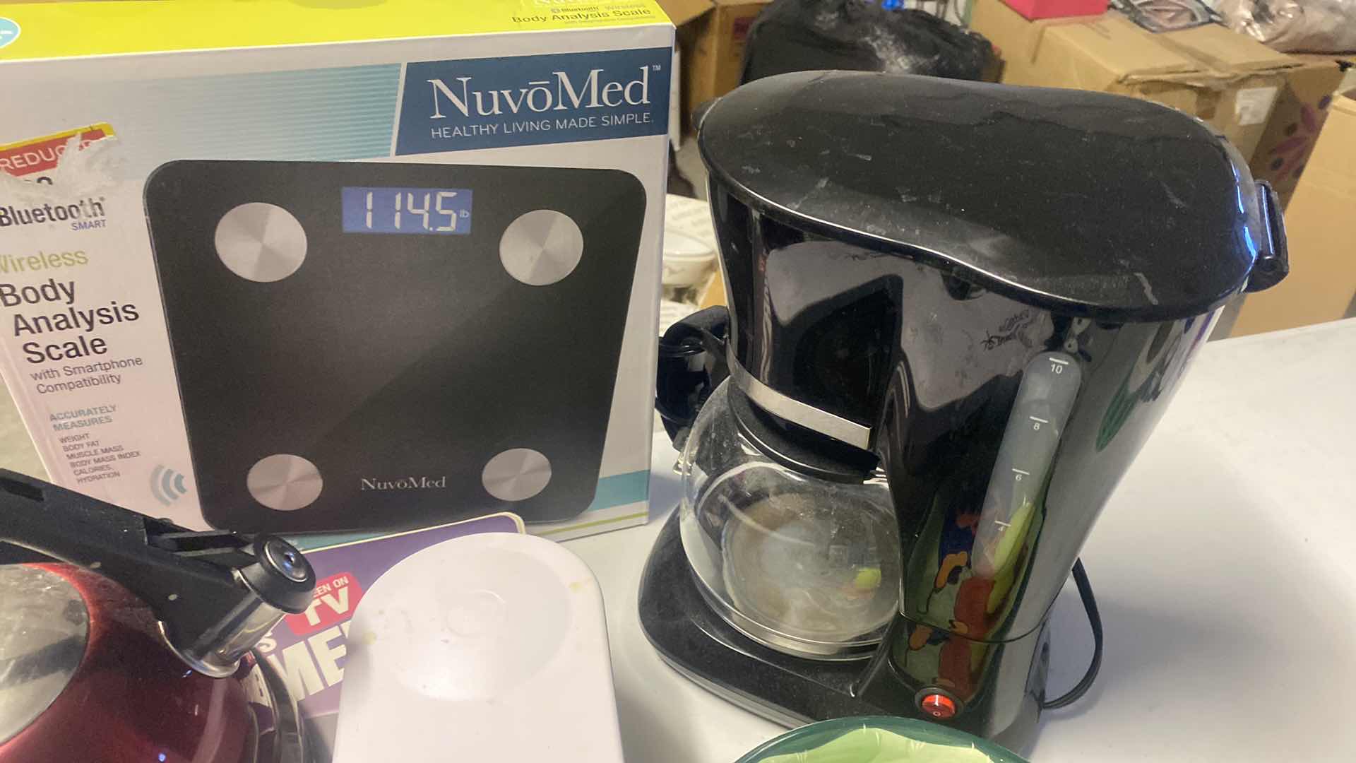 Photo 1 of TOTE OF KITCHEN ITEMS - TEA KETTLE, CHOP WIZARD, CIFFEE POT, BATH SCALE & MORE