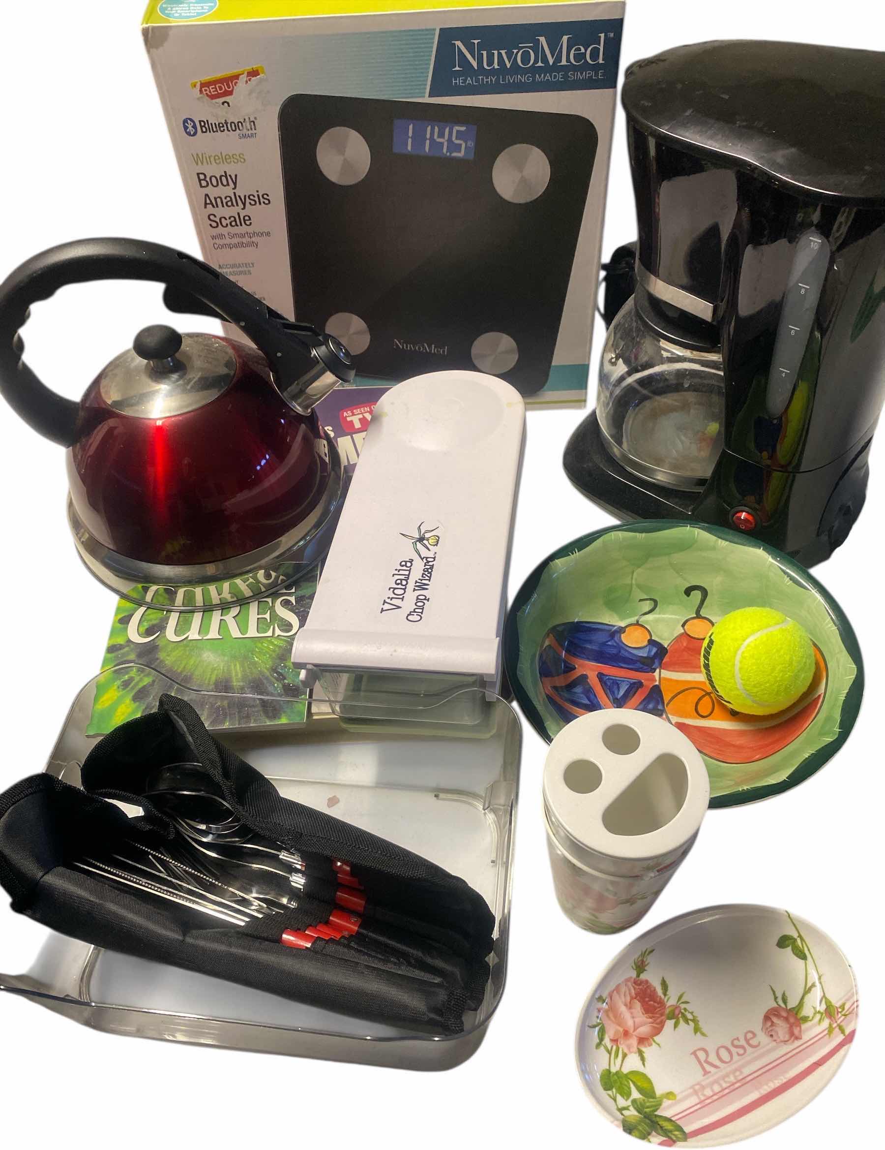Photo 1 of TOTE OF KITCHEN ITEMS - TEA KETTLE, CHOP WIZARD, CIFFEE POT, BATH SCALE & MORE