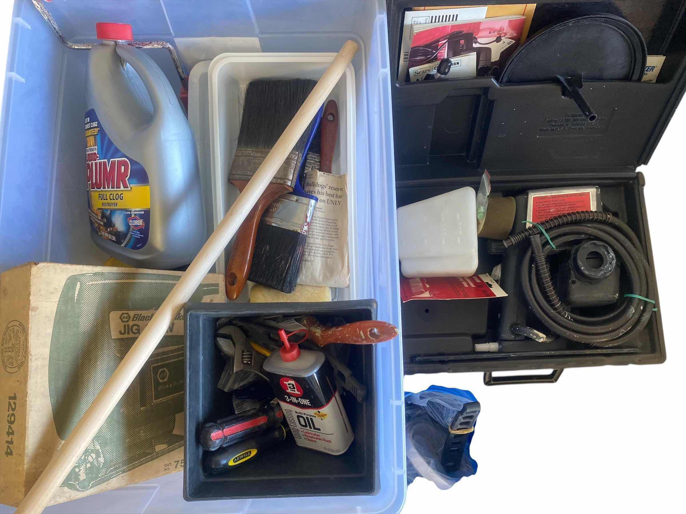 Photo 1 of TOTE OF PAINT SUPPLIES, DRILL & HAND TOOLS